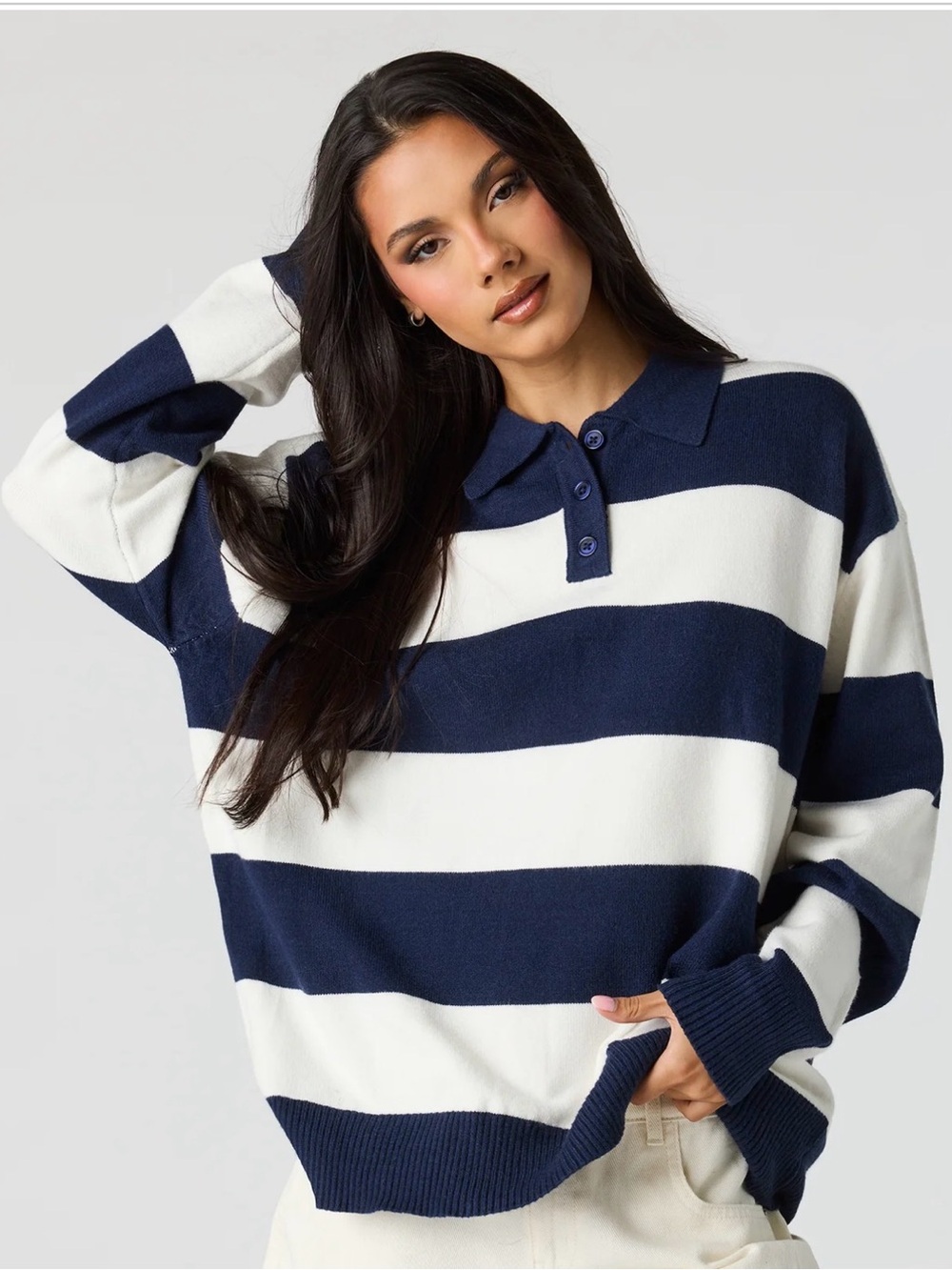 Navy & Cream Striped Polo Sweater - Woman Size S/M
